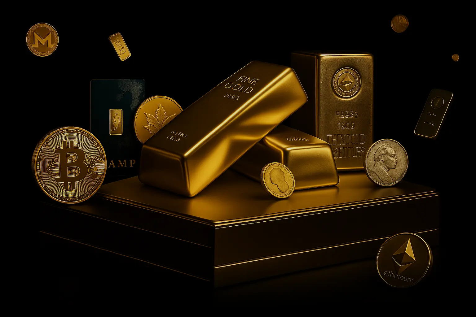 Gold bars and Bitcoin